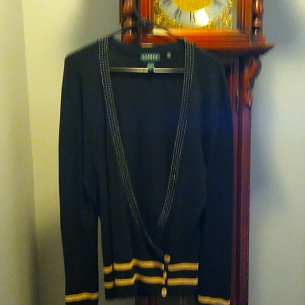 Ralph Lauren open sweater. Navy blue gold striped. Looks really smart.